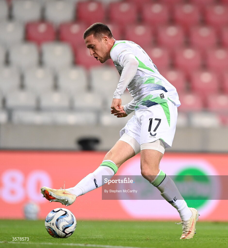 27 September 2026; Jack Moylan of Republic of Ireland scores his side's third goal during the UEFA Nations League B match between Israel and the Republic of Ireland at Nagyerdei Stadion in Debrecen, Hungary. Photo by Stephen McCarthy/Sportsfile