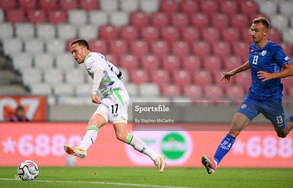 27 September 2026; Jack Moylan of Republic of Ireland scores his side's third goal during the UEFA Nations League B match between Israel and the Republic of Ireland at Nagyerdei Stadion in Debrecen, Hungary. Photo by Stephen McCarthy/Sportsfile