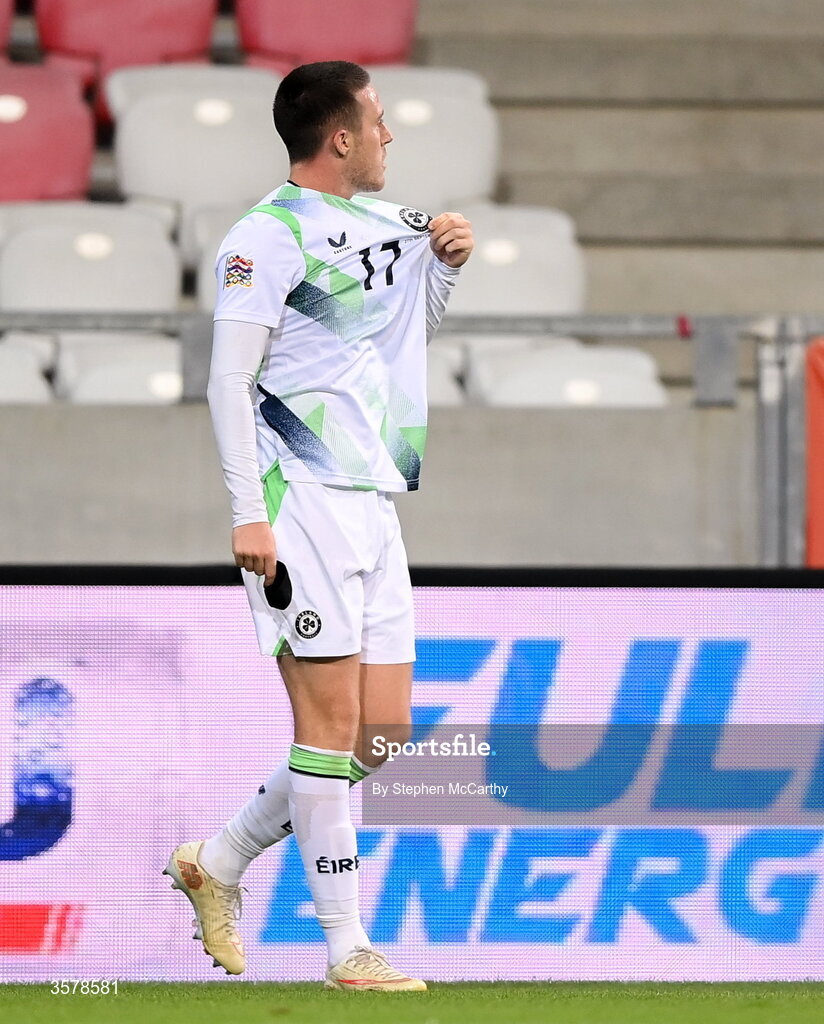27 September 2026; Jack Moylan of Republic of Ireland celebrates after scoring his side's third goal during the UEFA Nations League B match between Israel and the Republic of Ireland at Nagyerdei Stadion in Debrecen, Hungary. Photo by Stephen McCarthy/Sportsfile