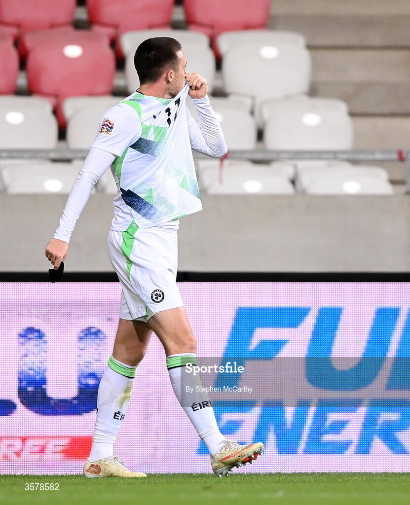 27 September 2026; Jack Moylan of Republic of Ireland celebrates after scoring his side's third goal during the UEFA Nations League B match between Israel and the Republic of Ireland at Nagyerdei Stadion in Debrecen, Hungary. Photo by Stephen McCarthy/Sportsfile