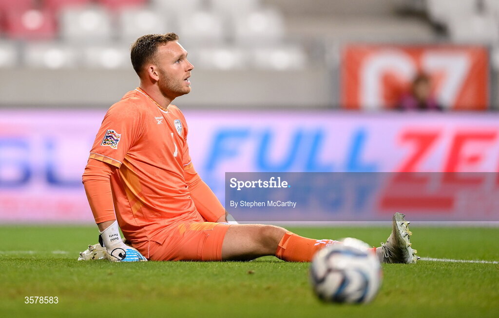 27 September 2026; Israel goalkeeper Daniel Peretz reacts after conceding a third goal during the UEFA Nations League B match between Israel and the Republic of Ireland at Nagyerdei Stadion in Debrecen, Hungary. Photo by Stephen McCarthy/Sportsfile