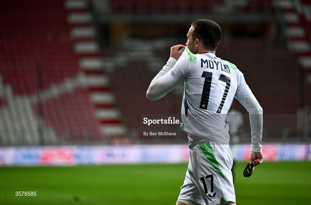 27 September 2026; Jack Moylan of Republic of Ireland, kisses his team crest, after scoring his side's third goal during the UEFA Nations League B match between Israel and the Republic of Ireland at Nagyerdei Stadion in Debrecen, Hungary. Photo by Ben McShane/Sportsfile