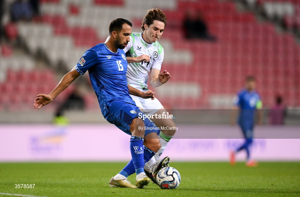 27 September 2026; Eliel Peretz of Israel in action against Conor Coventry of Republic of Ireland during the UEFA Nations League B match between Israel and the Republic of Ireland at Nagyerdei Stadion in Debrecen, Hungary. Photo by Stephen McCarthy/Sportsfile