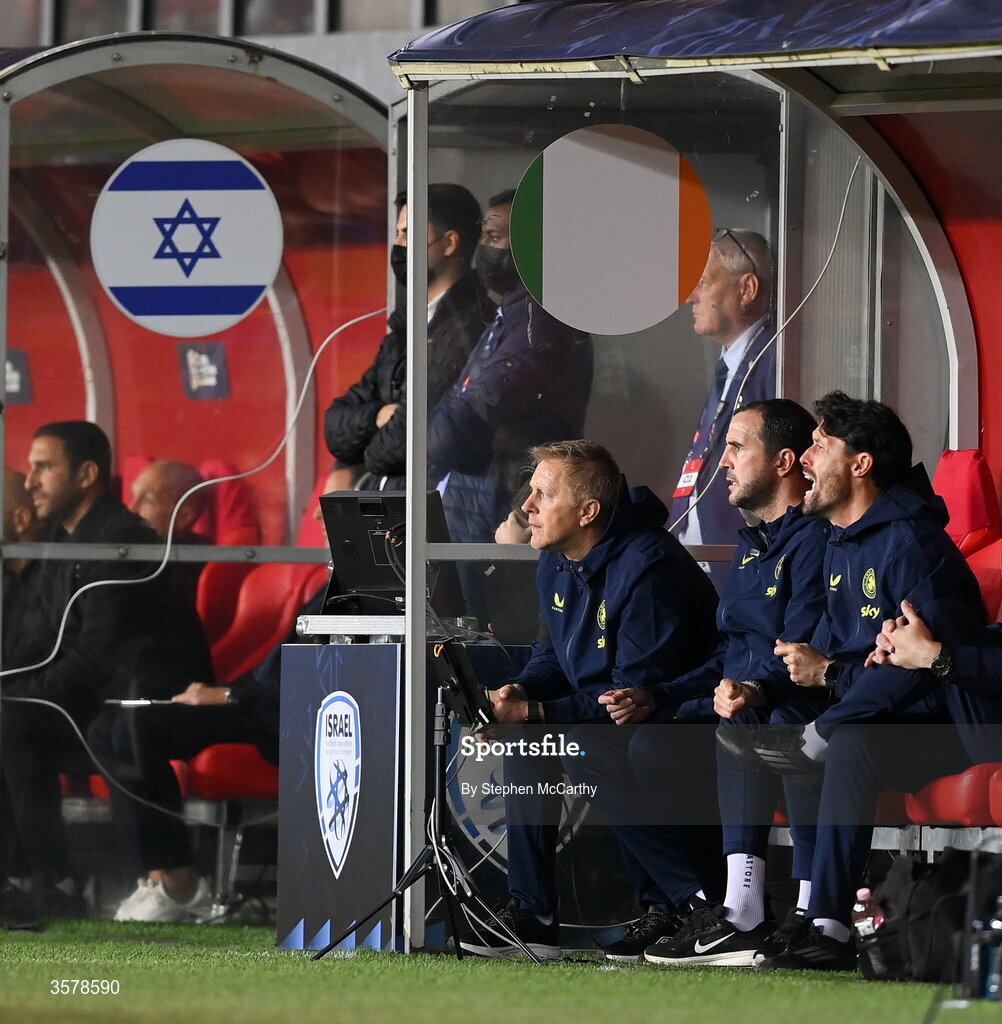 27 September 2026; Republic of Ireland head coach Heimir Hallgrimsson, centre, during the UEFA Nations League B match between Israel and the Republic of Ireland at Nagyerdei Stadion in Debrecen, Hungary. Photo by Stephen McCarthy/Sportsfile