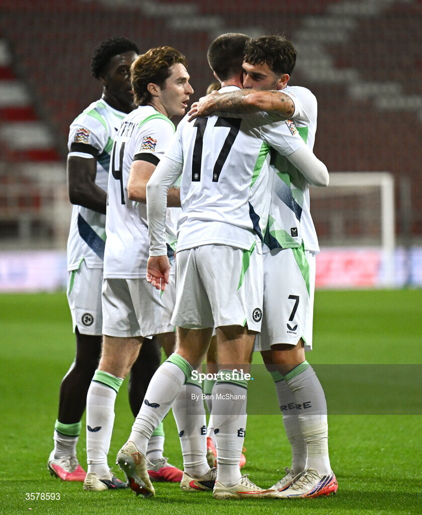 27 September 2026; Jack Moylan of Republic of Ireland, celebrates with teammate Troy Parrott, right, after scoring their side's third goal during the UEFA Nations League B match between Israel and the Republic of Ireland at Nagyerdei Stadion in Debrecen, Hungary. Photo by Ben McShane/Sportsfile