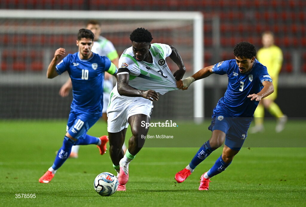 27 September 2026; James Abankwah of Republic of Ireland is tackled by Roy Revivo of Israel during the UEFA Nations League B match between Israel and the Republic of Ireland at Nagyerdei Stadion in Debrecen, Hungary. Photo by Ben McShane/Sportsfile