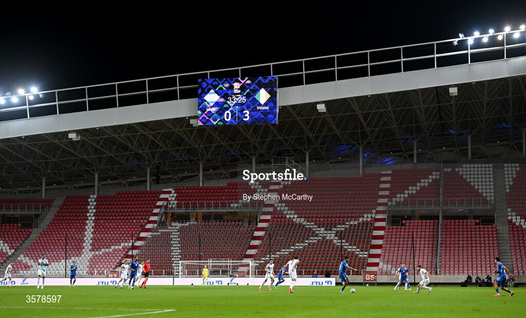 27 September 2026; A general view of the action, as the score reads Israel 0-3 Republic of Ireland, during the UEFA Nations League B match between Israel and the Republic of Ireland at Nagyerdei Stadion in Debrecen, Hungary. Photo by Stephen McCarthy/Sportsfile