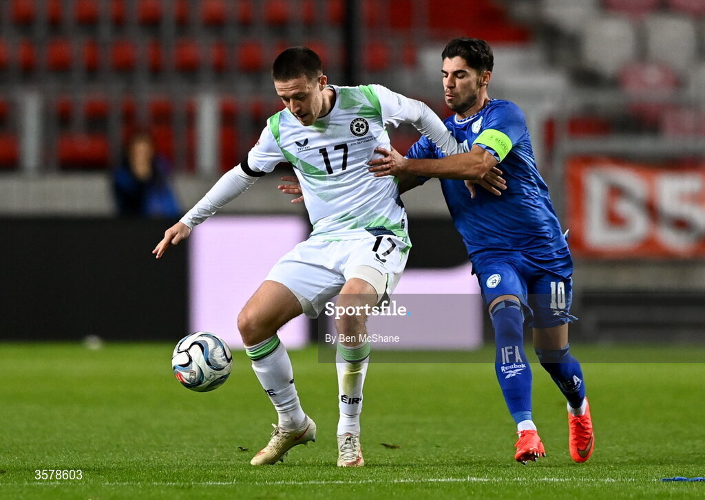27 September 2026; Jack Moylan of Republic of Ireland is tackled by Manor Solomon of Israel during the UEFA Nations League B match between Israel and the Republic of Ireland at Nagyerdei Stadion in Debrecen, Hungary. Photo by Ben McShane/Sportsfile