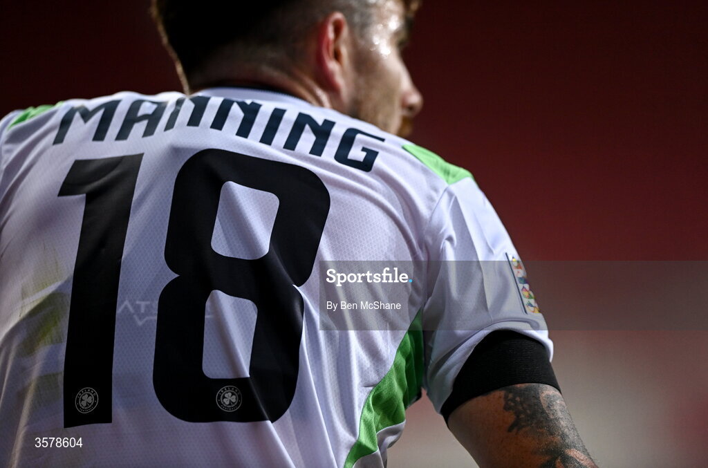 27 September 2026; Ryan Manning of Republic of Ireland wears a black armband in recognition for all the lives lost in the conflict in Gaza during the UEFA Nations League B match between Israel and the Republic of Ireland at Nagyerdei Stadion in Debrecen, Hungary. Photo by Ben McShane/Sportsfile