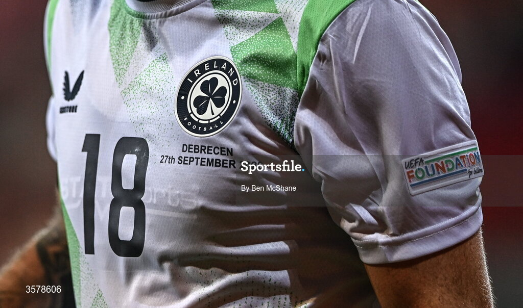 27 September 2026; Match details on the jersey of Ryan Manning of Republic of Ireland during the UEFA Nations League B match between Israel and the Republic of Ireland at Nagyerdei Stadion in Debrecen, Hungary. Photo by Ben McShane/Sportsfile
