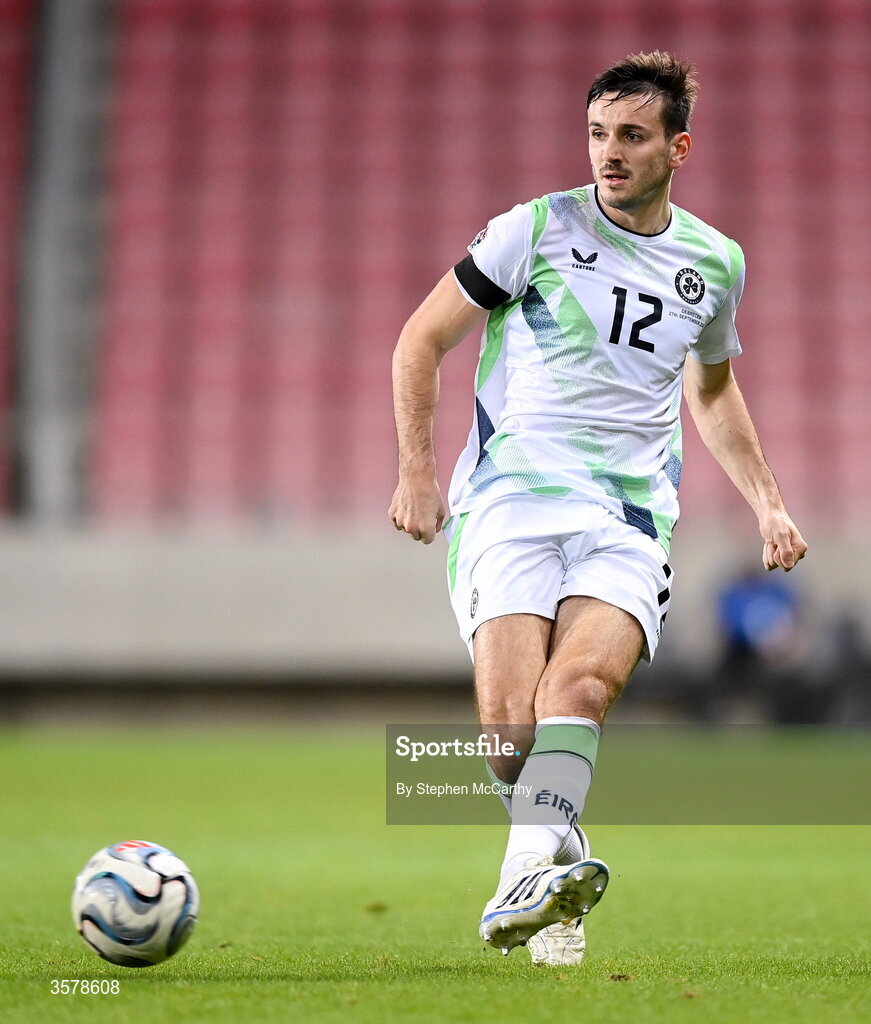 27 September 2026; Liam Kitching of Republic of Ireland wears a black armband in recognition for all the lives lost in the conflict in Gaza during the UEFA Nations League B match between Israel and the Republic of Ireland at Nagyerdei Stadion in Debrecen, Hungary. Photo by Stephen McCarthy/Sportsfile