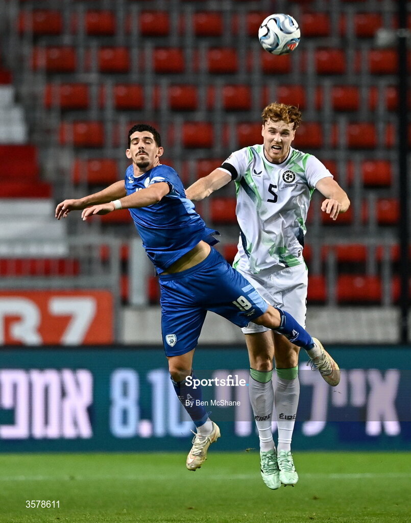 27 September 2026; Jake O'Brien of Republic of Ireland in action against Dor Turgeman of Israel during the UEFA Nations League B match between Israel and the Republic of Ireland at Nagyerdei Stadion in Debrecen, Hungary. Photo by Ben McShane/Sportsfile
