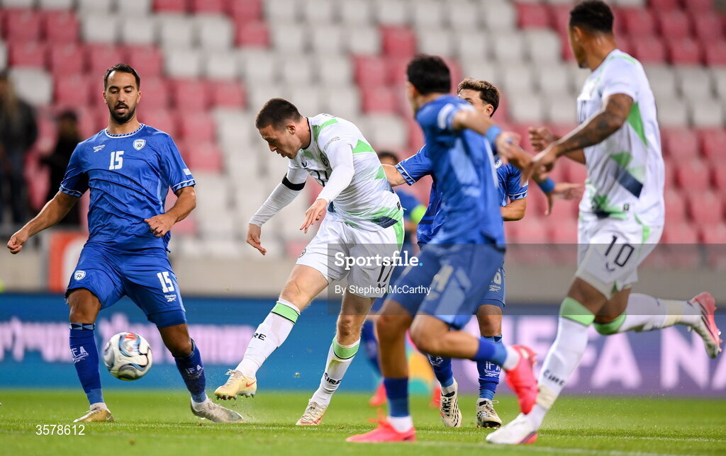 27 September 2026; Jack Moylan of Republic of Ireland has a shot on goal during the UEFA Nations League B match between Israel and the Republic of Ireland at Nagyerdei Stadion in Debrecen, Hungary. Photo by Stephen McCarthy/Sportsfile