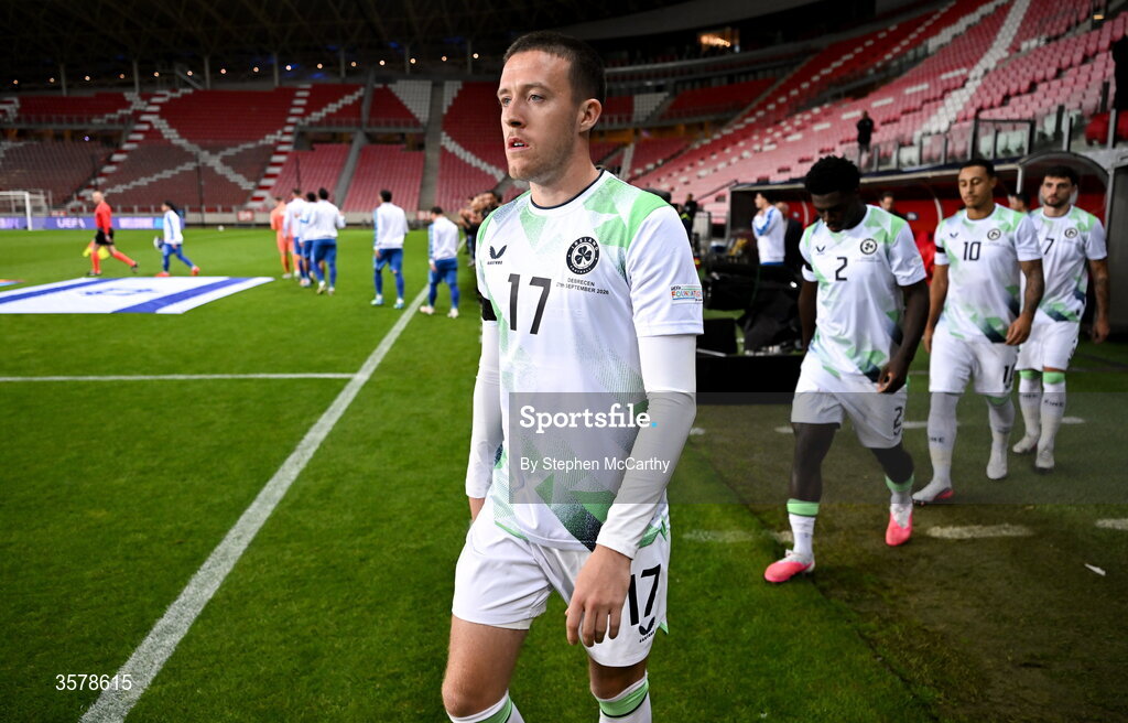 27 September 2026; Jack Moylan of Republic of Ireland makes his way onto the pitch before the UEFA Nations League B match between Israel and the Republic of Ireland at Nagyerdei Stadion in Debrecen, Hungary. Photo by Stephen McCarthy/Sportsfile