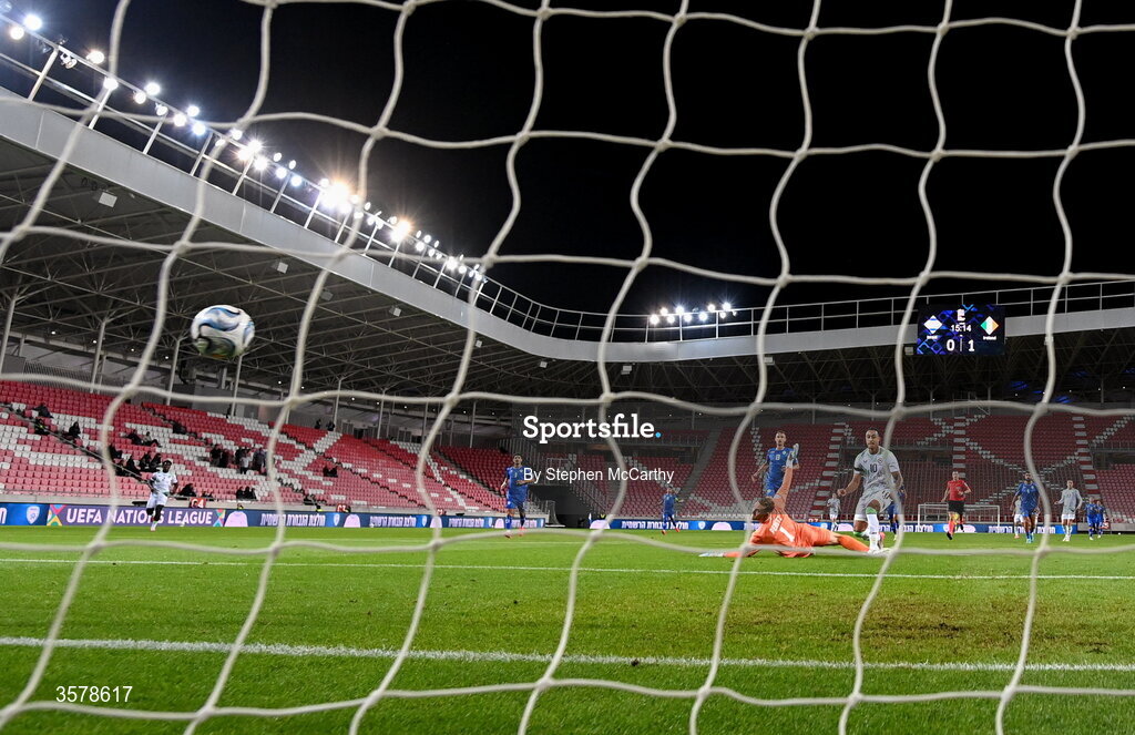 27 September 2026; Adam Idah of Republic of Ireland scores his side's second goal during the UEFA Nations League B match between Israel and the Republic of Ireland at Nagyerdei Stadion in Debrecen, Hungary. Photo by Stephen McCarthy/Sportsfile