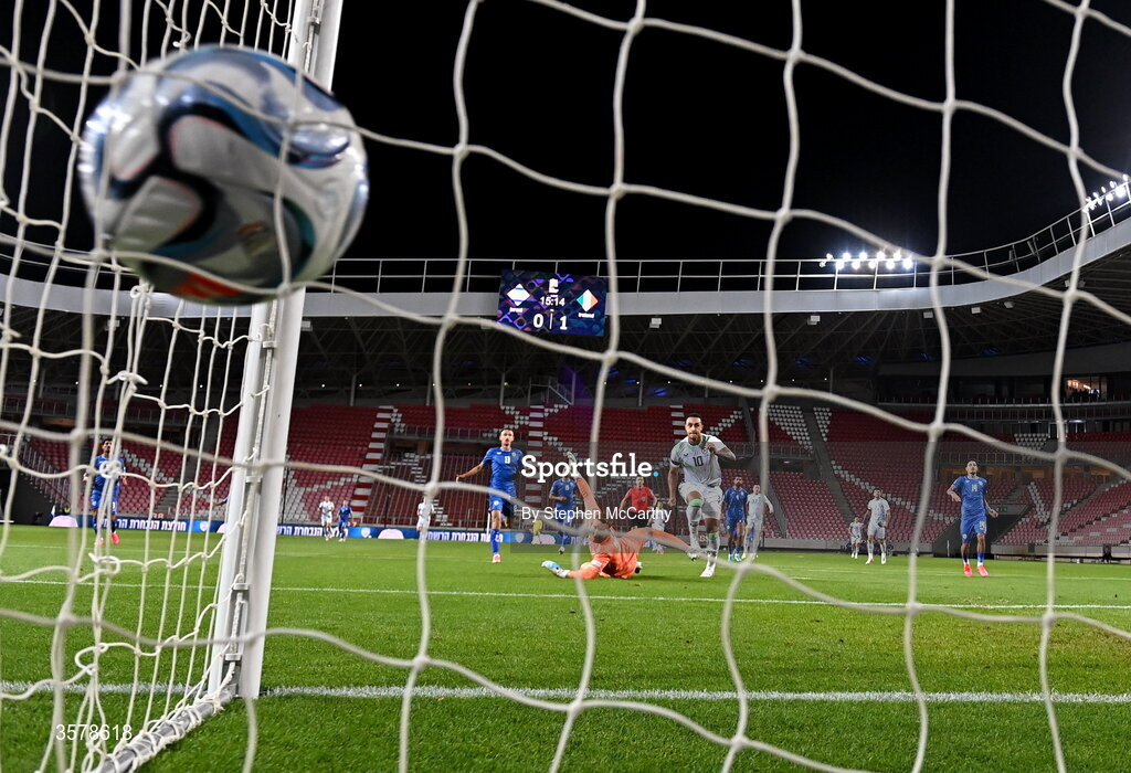 27 September 2026; Adam Idah of Republic of Ireland scores his side's second goal during the UEFA Nations League B match between Israel and the Republic of Ireland at Nagyerdei Stadion in Debrecen, Hungary. Photo by Stephen McCarthy/Sportsfile