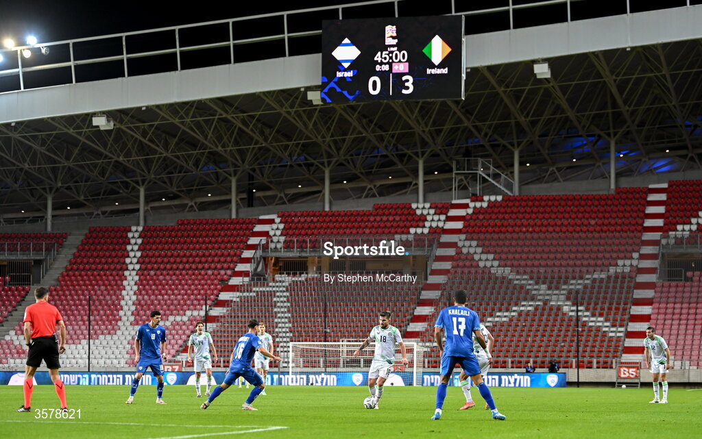 27 September 2026; A general view of the action, as the score reads Israel 0-3 Republic of Ireland, during the UEFA Nations League B match between Israel and the Republic of Ireland at Nagyerdei Stadion in Debrecen, Hungary. Photo by Stephen McCarthy/Sportsfile