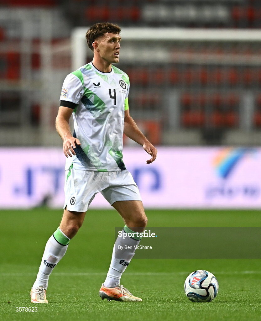 27 September 2026; Dara O'Shea of Republic of Ireland wears a black armband in recognition for all the lives lost in the conflict in Gaza during the UEFA Nations League B match between Israel and the Republic of Ireland at Nagyerdei Stadion in Debrecen, Hungary. Photo by Ben McShane/Sportsfile