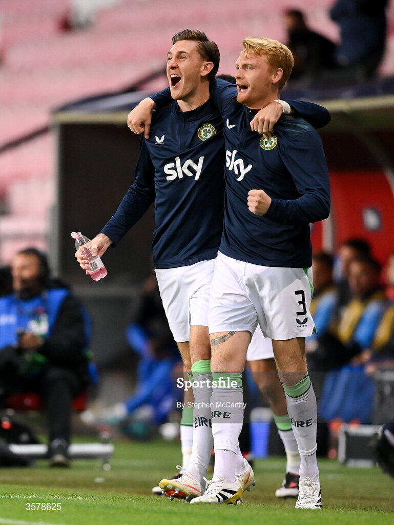 27 September 2026; Jimmy Dunne, left, and Liam Scales of Republic of Ireland celebrate their side's second goal during the UEFA Nations League B match between Israel and the Republic of Ireland at Nagyerdei Stadion in Debrecen, Hungary. Photo by Stephen McCarthy/Sportsfile