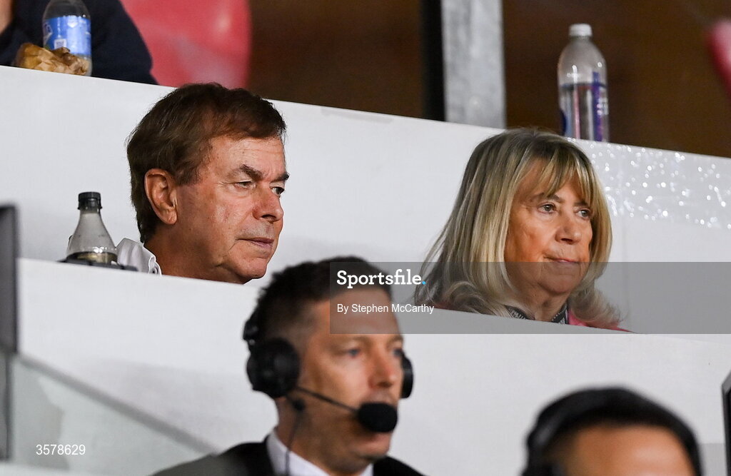27 September 2026; Former Irish Minister for Justice and Defence and board member of the Israel Council on Foreign Relations, Alan Shatter, left, who frequently contributes opinion pieces and commentary to The Jerusalem Post, in the press box during the UEFA Nations League B match between Israel and the Republic of Ireland at Nagyerdei Stadion in Debrecen, Hungary. Photo by Stephen McCarthy/Sportsfile