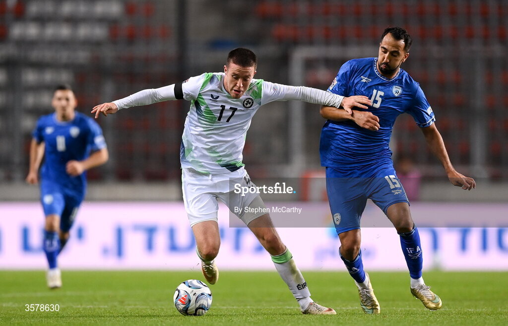 27 September 2026; Jack Moylan of Republic of Ireland is tackled by Eliel Peretz of Israel during the UEFA Nations League B match between Israel and the Republic of Ireland at Nagyerdei Stadion in Debrecen, Hungary. Photo by Stephen McCarthy/Sportsfile