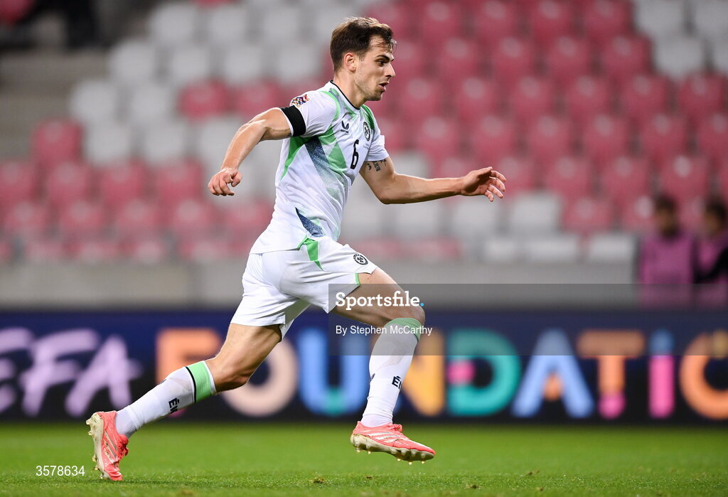 27 September 2026; Jayson Molumby of Republic of Ireland wears a black armband in recognition for all the lives lost in the conflict in Gaza during the UEFA Nations League B match between Israel and the Republic of Ireland at Nagyerdei Stadion in Debrecen, Hungary. Photo by Stephen McCarthy/Sportsfile