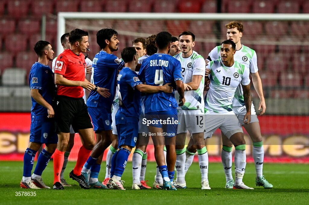 27 September 2026; Players from both tussle during the UEFA Nations League B match between Israel and the Republic of Ireland at Nagyerdei Stadion in Debrecen, Hungary. Photo by Ben McShane/Sportsfile