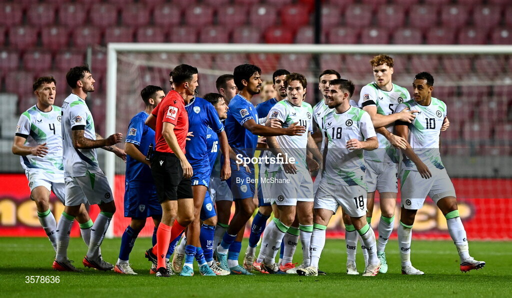 27 September 2026; Players from both tussle during the UEFA Nations League B match between Israel and the Republic of Ireland at Nagyerdei Stadion in Debrecen, Hungary. Photo by Ben McShane/Sportsfile