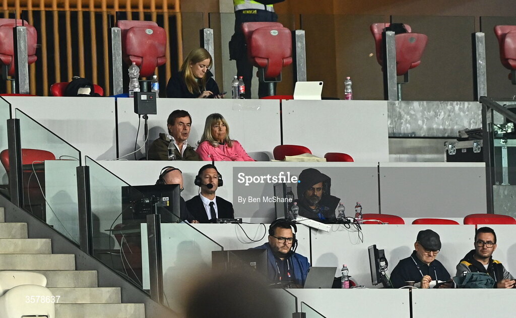 27 September 2026; Former Irish Minister for Justice and Defence and board member of the Israel Council on Foreign Relations, Alan Shatter, centre left, who frequently contributes opinion pieces and commentary to The Jerusalem Post, in the press box during the UEFA Nations League B match between Israel and the Republic of Ireland at Nagyerdei Stadion in Debrecen, Hungary. Photo by Ben McShane/Sportsfile