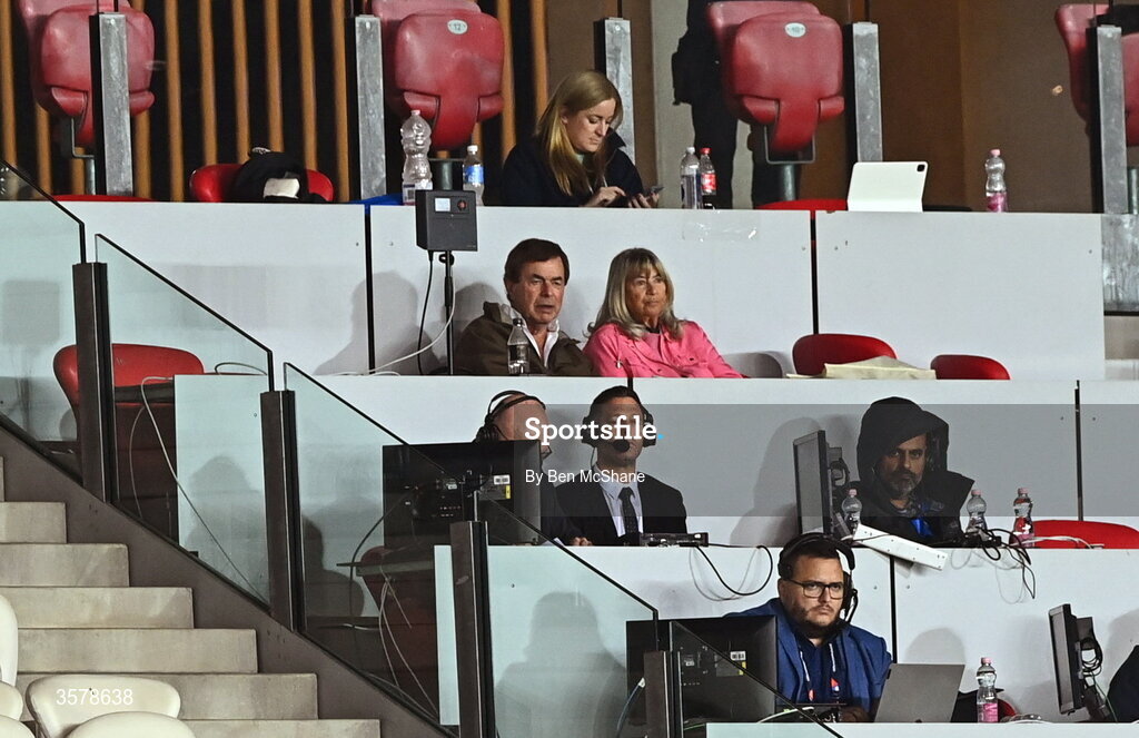 27 September 2026; Former Irish Minister for Justice and Defence and board member of the Israel Council on Foreign Relations, Alan Shatter, centre left, who frequently contributes opinion pieces and commentary to The Jerusalem Post, in the press box during the UEFA Nations League B match between Israel and the Republic of Ireland at Nagyerdei Stadion in Debrecen, Hungary. Photo by Ben McShane/Sportsfile