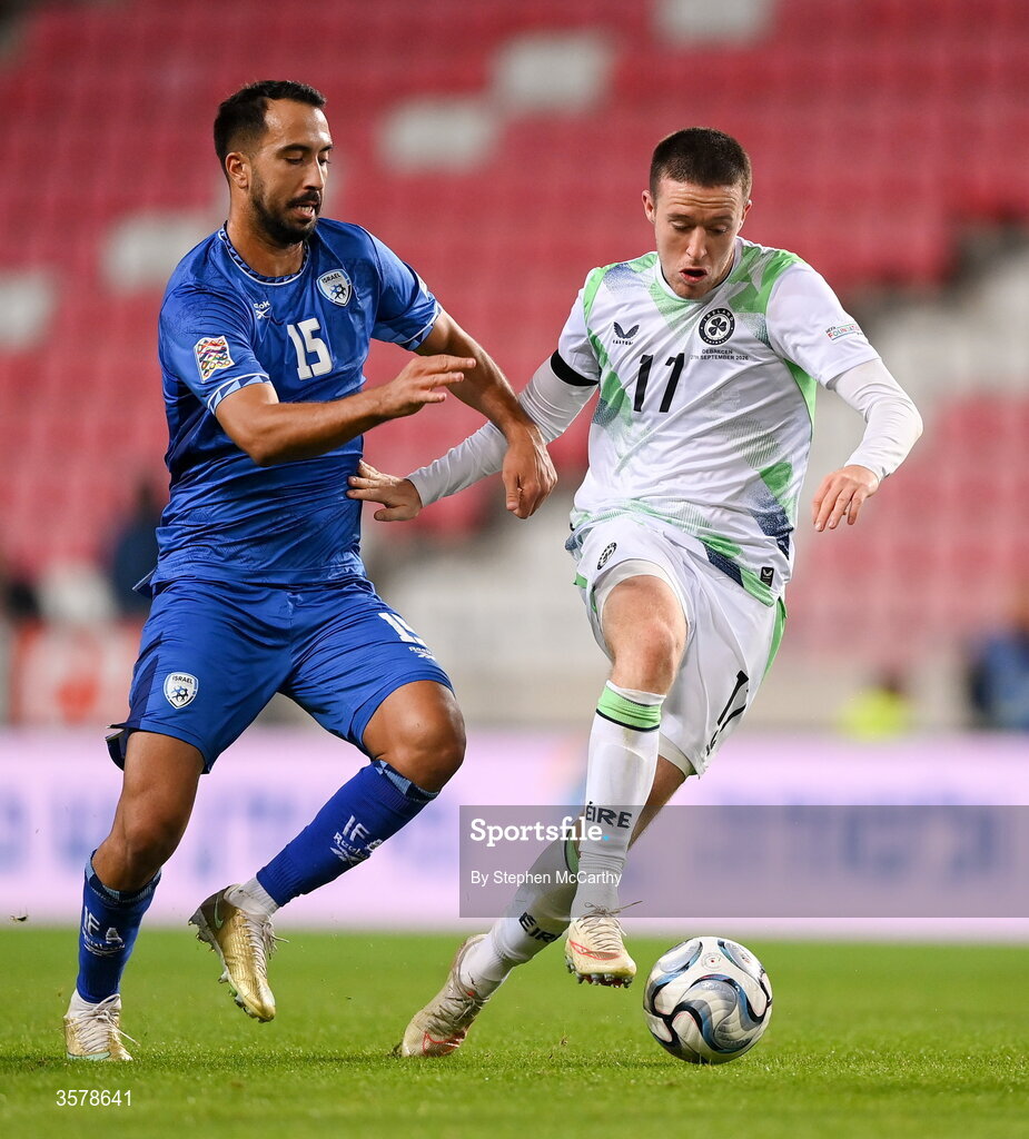 27 September 2026; Jack Moylan of Republic of Ireland holds off the challenge of Eliel Peretz of Israel during the UEFA Nations League B match between Israel and the Republic of Ireland at Nagyerdei Stadion in Debrecen, Hungary. Photo by Stephen McCarthy/Sportsfile