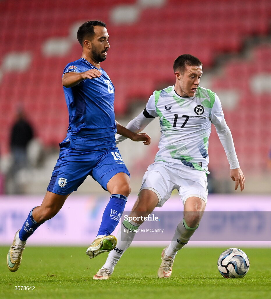 27 September 2026; Jack Moylan of Republic of Ireland holds off the challenge of Eliel Peretz of Israel during the UEFA Nations League B match between Israel and the Republic of Ireland at Nagyerdei Stadion in Debrecen, Hungary. Photo by Stephen McCarthy/Sportsfile