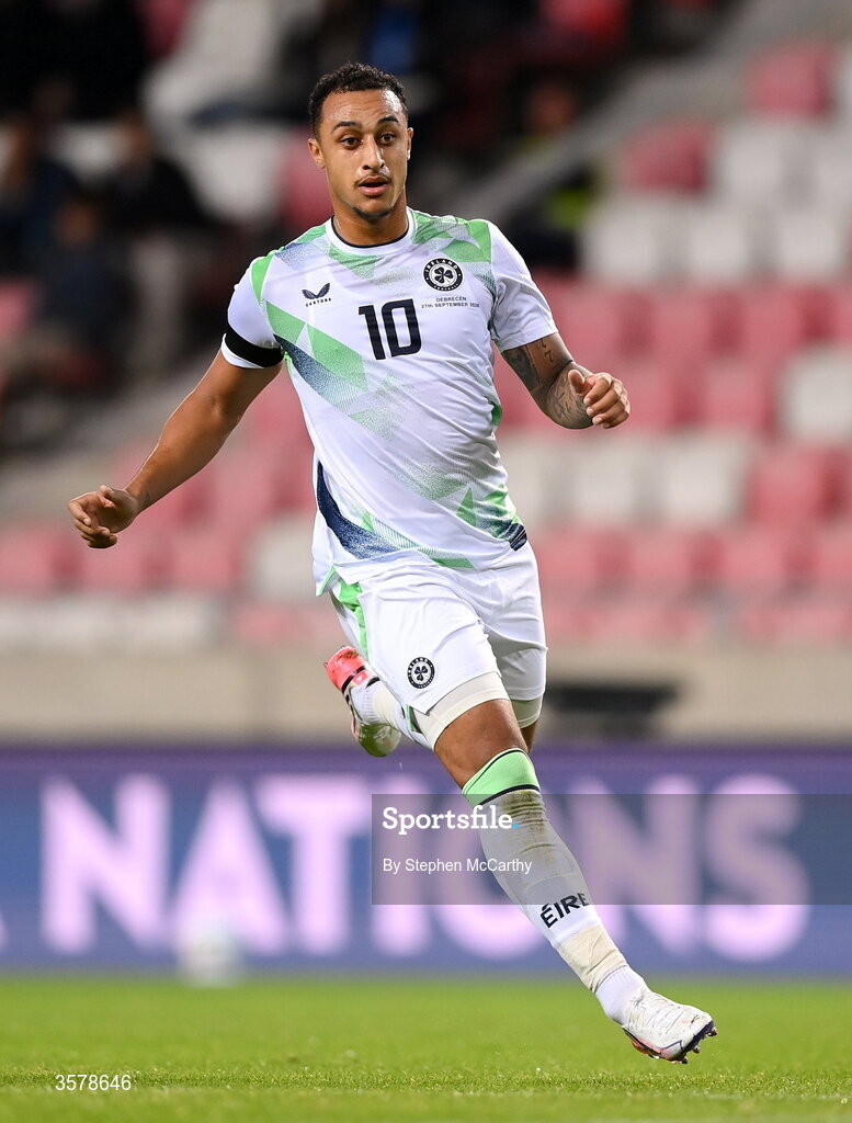 27 September 2026; Adam Idah of Republic of Ireland wears a black armband in recognition for all the lives lost in the conflict in Gaza during the UEFA Nations League B match between Israel and the Republic of Ireland at Nagyerdei Stadion in Debrecen, Hungary. Photo by Stephen McCarthy/Sportsfile