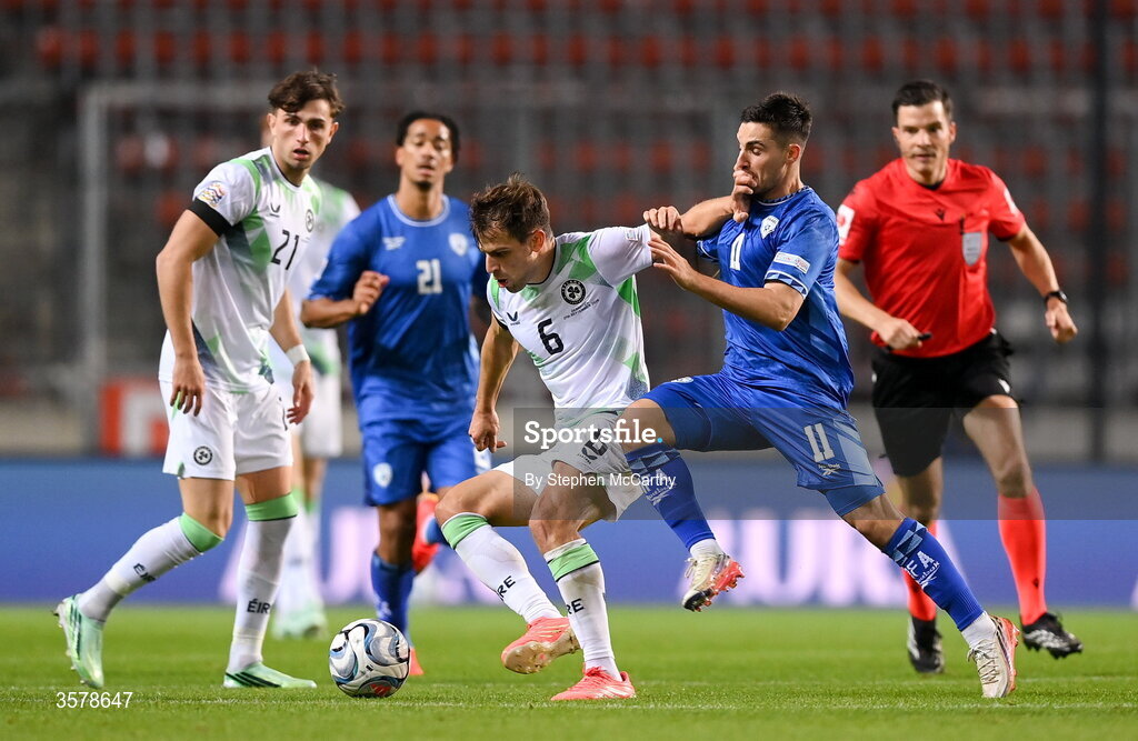 27 September 2026; Jayson Molumby of Republic of Ireland holds off the challenge of Oscar Gloukh of Israel during the UEFA Nations League B match between Israel and the Republic of Ireland at Nagyerdei Stadion in Debrecen, Hungary. Photo by Stephen McCarthy/Sportsfile