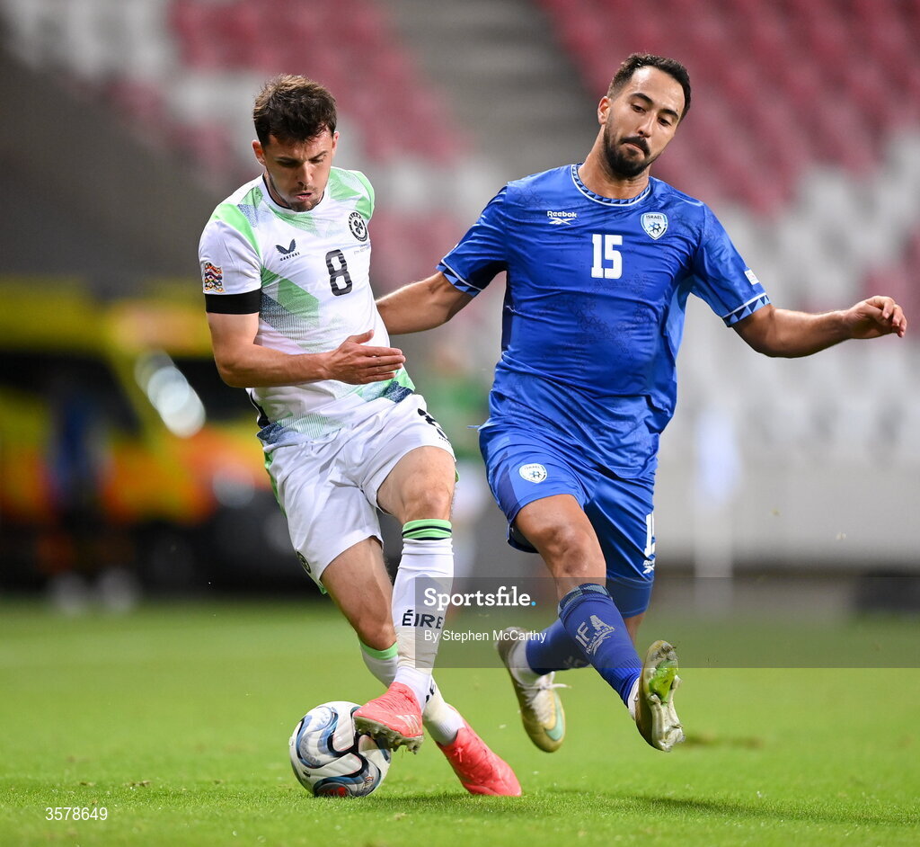 27 September 2026; Jason Knight of Republic of Ireland holds off the challenge of Eliel Peretz of Israel during the UEFA Nations League B match between Israel and the Republic of Ireland at Nagyerdei Stadion in Debrecen, Hungary. Photo by Stephen McCarthy/Sportsfile