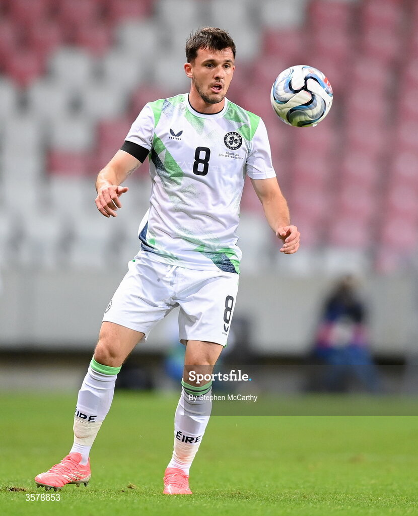 27 September 2026; Jason Knight of Republic of Ireland wears a black armband in recognition for all the lives lost in the conflict in Gaza during the UEFA Nations League B match between Israel and the Republic of Ireland at Nagyerdei Stadion in Debrecen, Hungary. Photo by Stephen McCarthy/Sportsfile