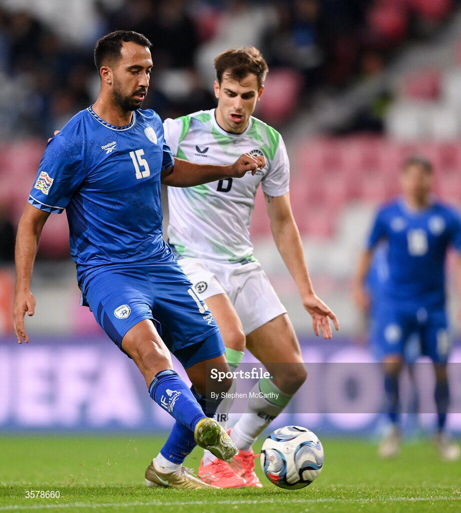 27 September 2026; Eliel Peretz of Israel in action against Jayson Molumby of Republic of Ireland during the UEFA Nations League B match between Israel and the Republic of Ireland at Nagyerdei Stadion in Debrecen, Hungary. Photo by Stephen McCarthy/Sportsfile