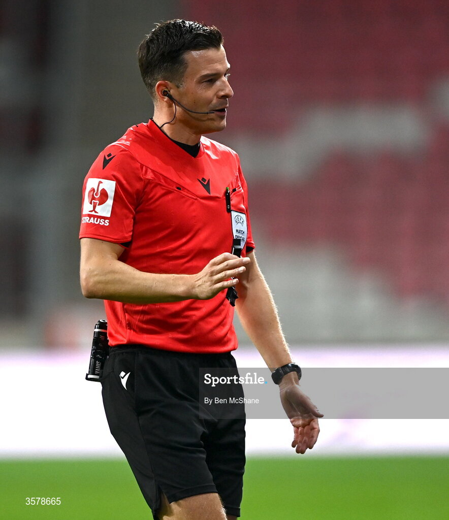 27 September 2026; Referee Harm Osmers during the UEFA Nations League B match between Israel and the Republic of Ireland at Nagyerdei Stadion in Debrecen, Hungary. Photo by Ben McShane/Sportsfile