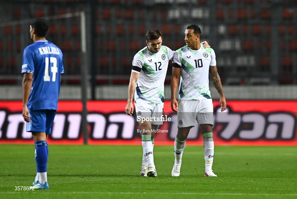27 September 2026; Adam Idah of Republic of Ireland, right, is restrained by teammate Liam Kitching during the UEFA Nations League B match between Israel and the Republic of Ireland at Nagyerdei Stadion in Debrecen, Hungary. Photo by Ben McShane/Sportsfile