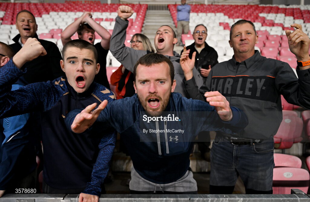 27 September 2026; Republic of Ireland supporter Ray Hyland, from Kildare, celebrates after the UEFA Nations League B match between Israel and the Republic of Ireland at Nagyerdei Stadion in Debrecen, Hungary. Photo by Stephen McCarthy/Sportsfile