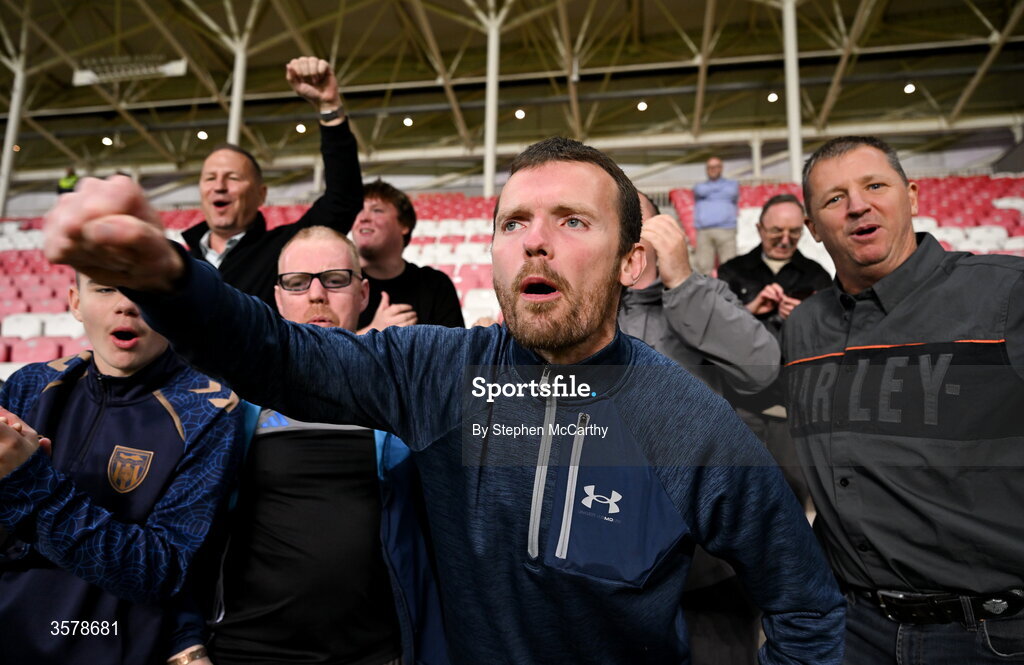 27 September 2026; Republic of Ireland supporter Ray Hyland, from Kildare, celebrates after the UEFA Nations League B match between Israel and the Republic of Ireland at Nagyerdei Stadion in Debrecen, Hungary. Photo by Stephen McCarthy/Sportsfile