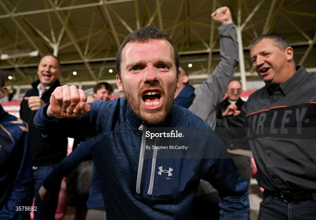 27 September 2026; Republic of Ireland supporter Ray Hyland, from Kildare, celebrates after the UEFA Nations League B match between Israel and the Republic of Ireland at Nagyerdei Stadion in Debrecen, Hungary. Photo by Stephen McCarthy/Sportsfile