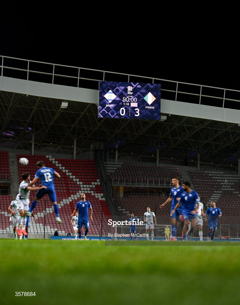 27 September 2026; A general view as the scoreboard reads Israel 0-3 Republic of Ireland, after 90 mins, during the UEFA Nations League B match between Israel and the Republic of Ireland at Nagyerdei Stadion in Debrecen, Hungary. Photo by Stephen McCarthy/Sportsfile