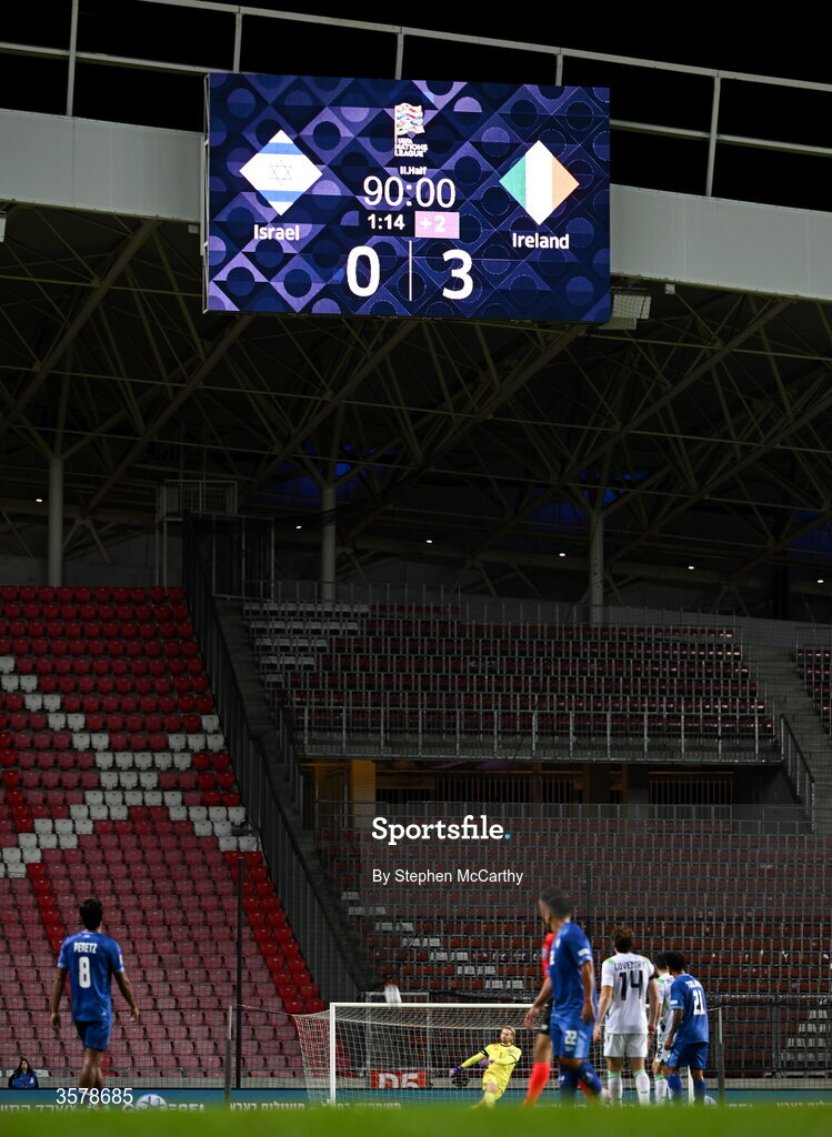 27 September 2026; A general view as the scoreboard reads Israel 0-3 Republic of Ireland, after 90 mins, during the UEFA Nations League B match between Israel and the Republic of Ireland at Nagyerdei Stadion in Debrecen, Hungary. Photo by Stephen McCarthy/Sportsfile