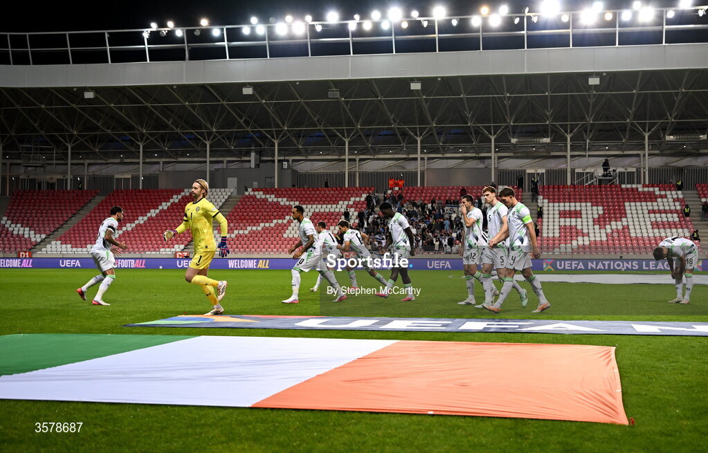 27 September 2026; The Republic of Ireland players after the playing of the national anthems before the UEFA Nations League B match between Israel and the Republic of Ireland at Nagyerdei Stadion in Debrecen, Hungary. Photo by Stephen McCarthy/Sportsfile