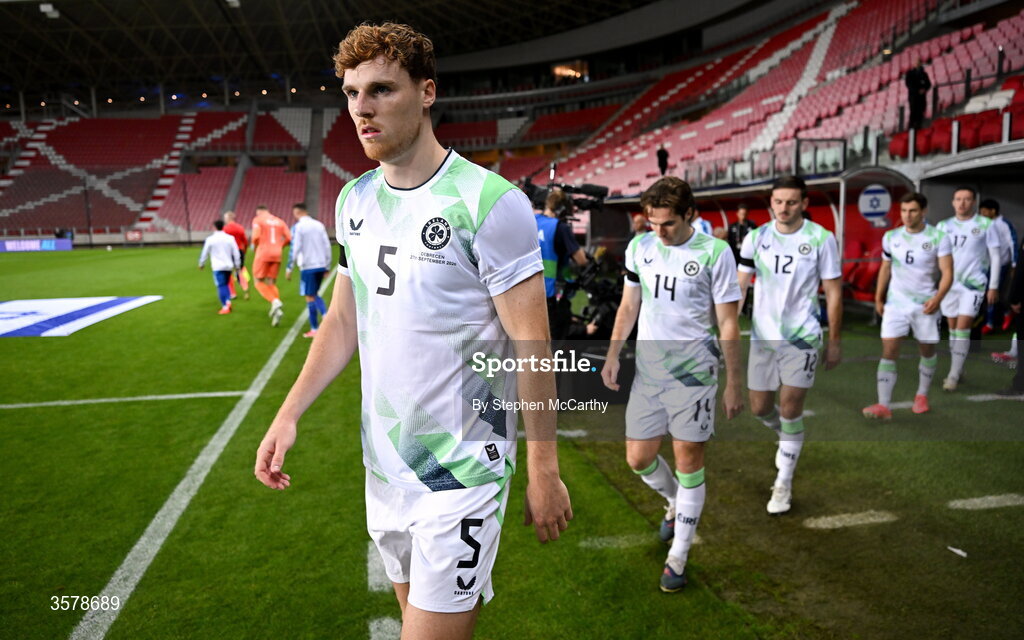 27 September 2026; Jake O'Brien of Republic of Ireland walks on to the pitch before the UEFA Nations League B match between Israel and the Republic of Ireland at Nagyerdei Stadion in Debrecen, Hungary. Photo by Stephen McCarthy/Sportsfile