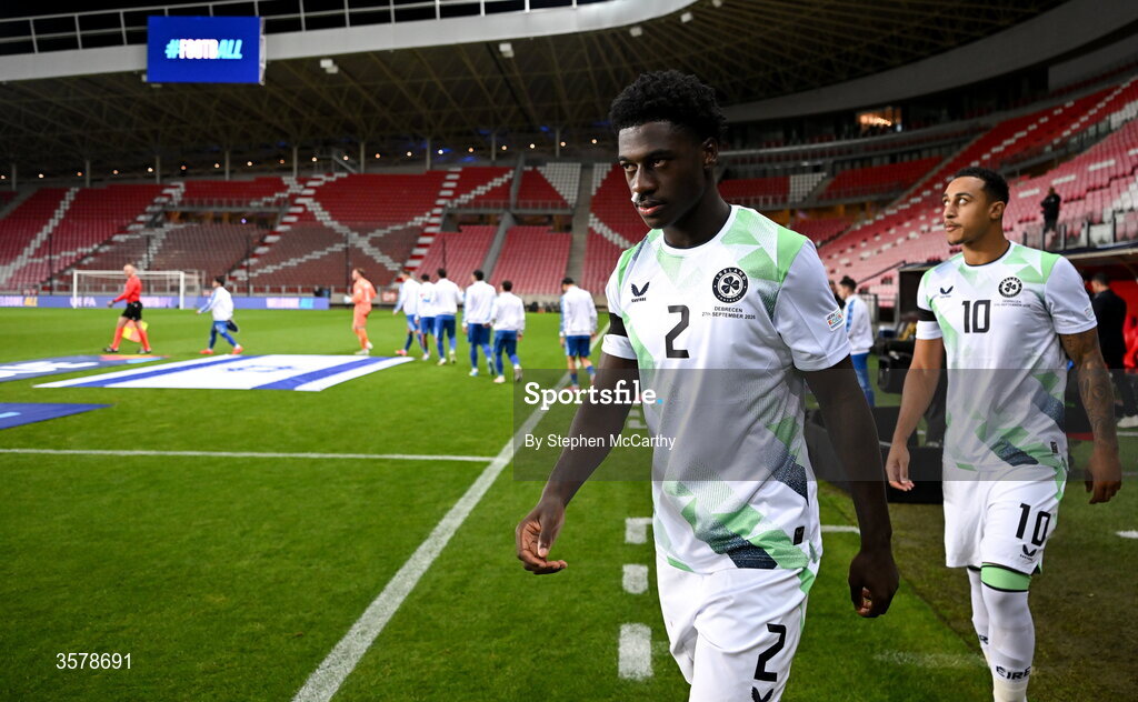 27 September 2026; James Abankwah of Republic of Ireland walks on to the pitch before the UEFA Nations League B match between Israel and the Republic of Ireland at Nagyerdei Stadion in Debrecen, Hungary. Photo by Stephen McCarthy/Sportsfile