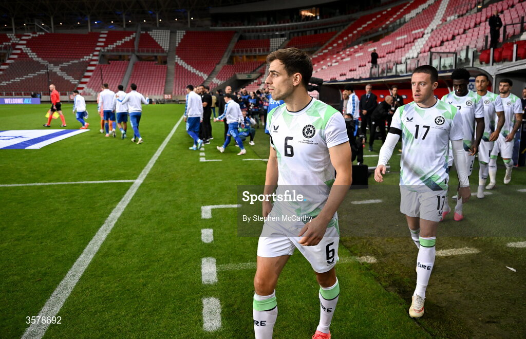 27 September 2026; Jayson Molumby of Republic of Ireland walks on to the pitch before the UEFA Nations League B match between Israel and the Republic of Ireland at Nagyerdei Stadion in Debrecen, Hungary. Photo by Stephen McCarthy/Sportsfile