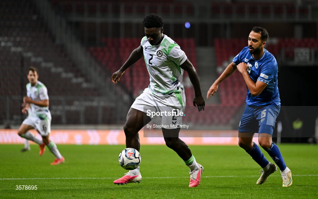27 September 2026; James Abankwah of Republic of Ireland in action against Eliel Peretz of Israel during the UEFA Nations League B match between Israel and the Republic of Ireland at Nagyerdei Stadion in Debrecen, Hungary. Photo by Stephen McCarthy/Sportsfile