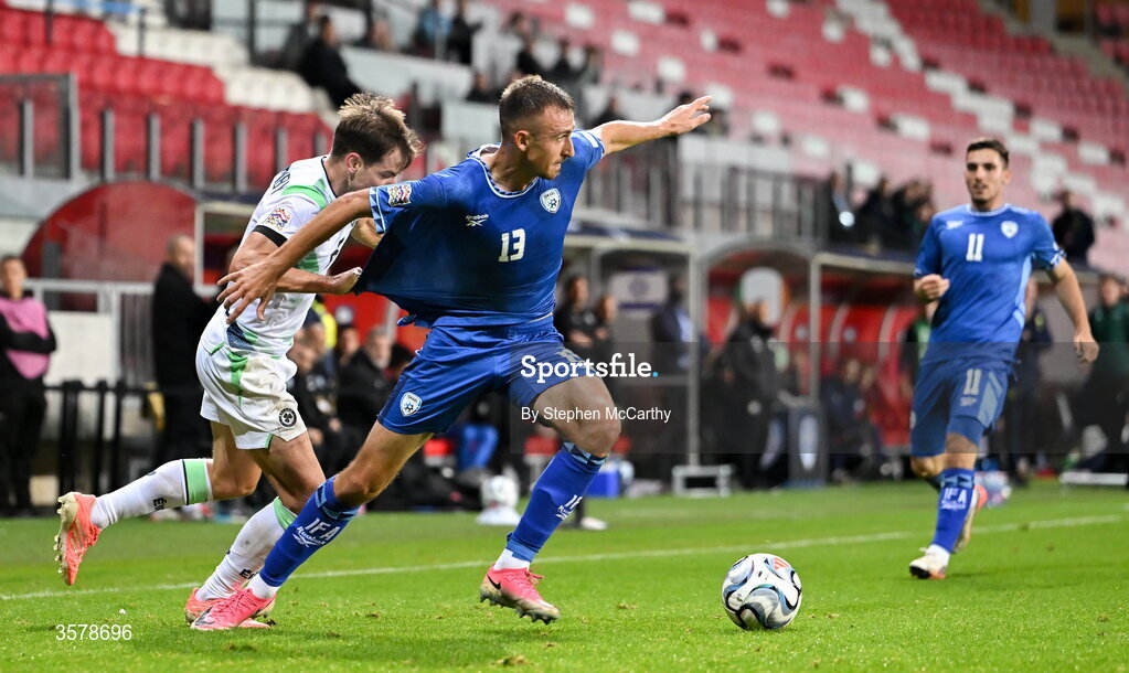 27 September 2026; Nikita Stoinov of Israel in action against Jayson Molumby of Republic of Ireland during the UEFA Nations League B match between Israel and the Republic of Ireland at Nagyerdei Stadion in Debrecen, Hungary. Photo by Stephen McCarthy/Sportsfile